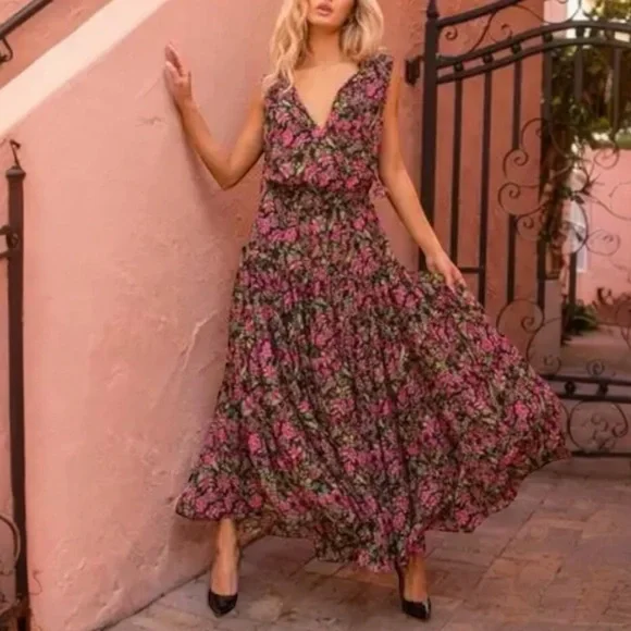 MISA LOS ANGELES Blogger Favorite Hollen Sleeveless Split Neck Tiered Maxi Dress - Picture 1 of 11